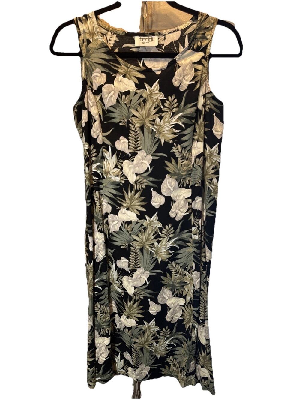Vintage 90s Teddi Dress Black Green Tropical Sleeveless Midi- Y2K WhimsyGoth- L